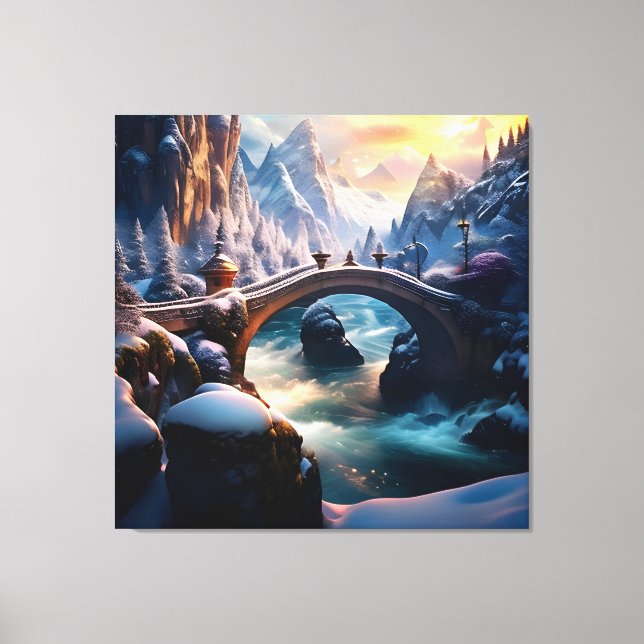 Schöner Winter Wasserfall Wasser unter Brücke 2 Leinwanddruck (Vorderseite)