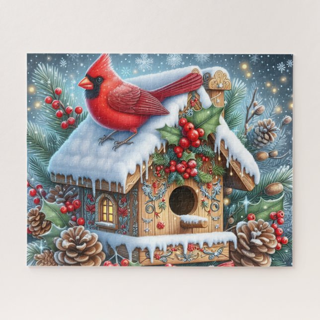 Schöner Winterkardinalvogel mit Vogelhaus Puzzle (Horizontal)