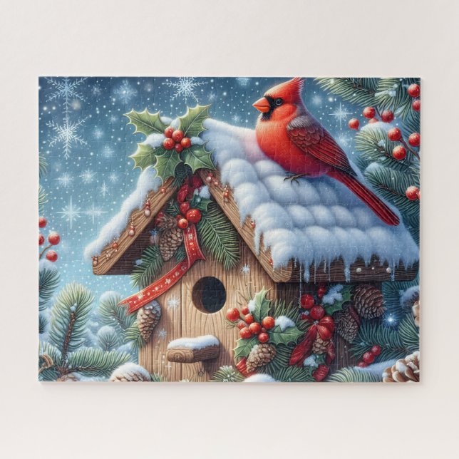 Schöner Winterkardinalvogel mit Vogelhaus Puzzle (Horizontal)