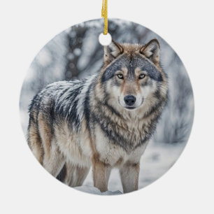 Schöner Wolf im Schnee Weihnachten Ferien Keramik Ornament