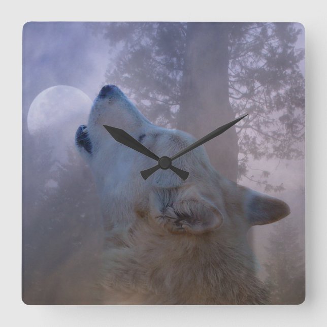 Schöner Wolf und Monduhr Quadratische Wanduhr (Vorderseite)