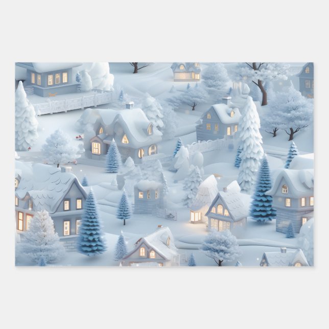 Schönes 3D-Weihnachtsdorf Geschenkpapier Set (Vorderseite)