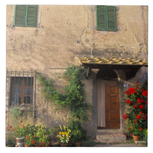 Schönes altes Haus mit Blumen in San Gimignano Fliese