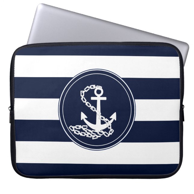 Schönes Anchor Symbol Blau und Weiße Streifen Laptopschutzhülle (Vorderseite)