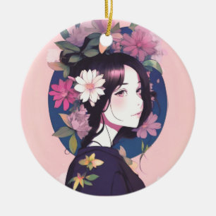 Schönes Anime Girl gekrönt mit Blume Keramik Ornament