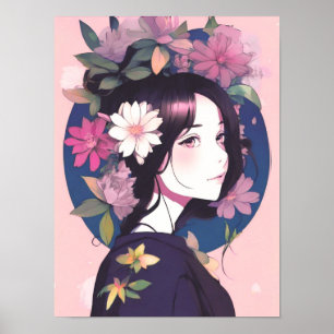 Schönes Anime Girl gekrönt mit Blume Poster