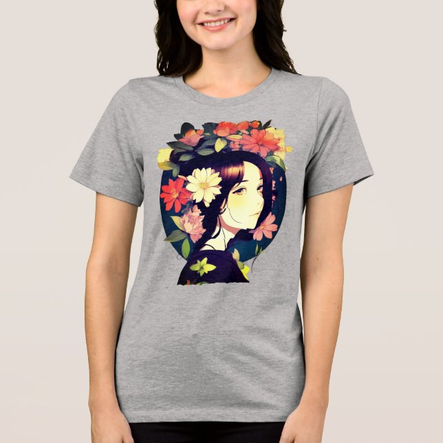 Schönes Anime Girl gekrönt mit Blume Tri-Blend Shirt (Vorderseite)