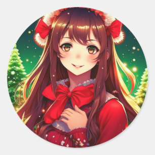 Schönes Anime Girl im festlichen Weihnachtsfest Runder Aufkleber