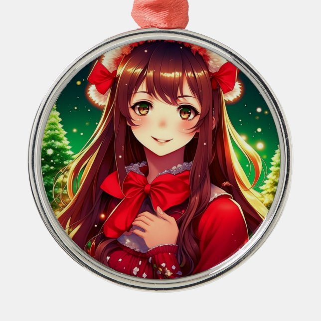 Schönes Anime Girl in Red Christmas Ornament Aus Metall (Vorne)