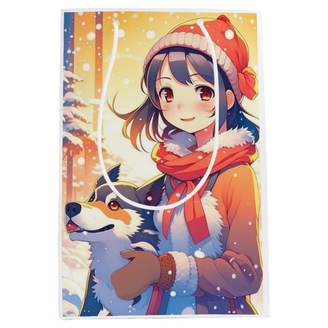 Schönes Anime Girl mit Husky Dog Weihnachten Mittlere Geschenktüte (Vorderseite)