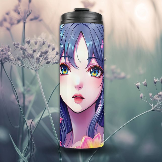 Schönes Anime Girl und Blume Thermosbecher (Von Creator hochgeladen)