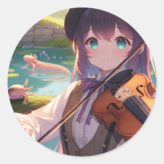Schönes Anime Girl Violine Runder Aufkleber (Vorderseite)