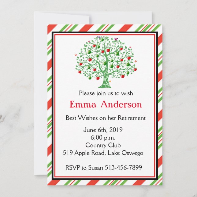 Schönes Apfelbaum-Lehrer-Ruhestands-Party Einladung (Vorderseite)