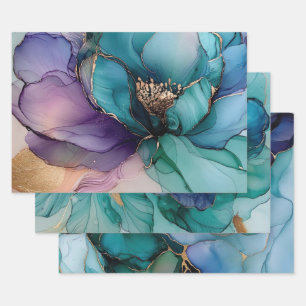 Schönes Aqua Blau Lila Gold floral Geschenkpapier Set