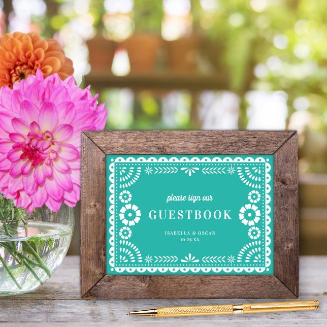 Schönes Aqua Papel Picado Wedding Gästebuch (Von Creator hochgeladen)