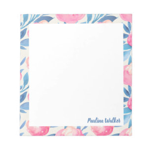 Schönes Aquarell-Blumenmuster Rosa Blau Name Notizblock