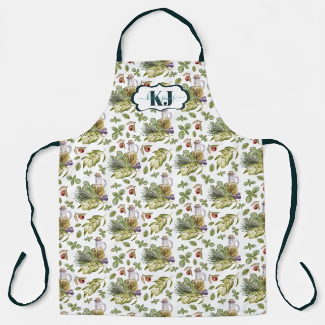 Schönes Aquarell-Olivenöl-Muster | Monogramm Schürze (Vorderseite)