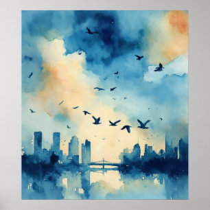 Schönes Aquarellblau, flatternde Vögel Poster
