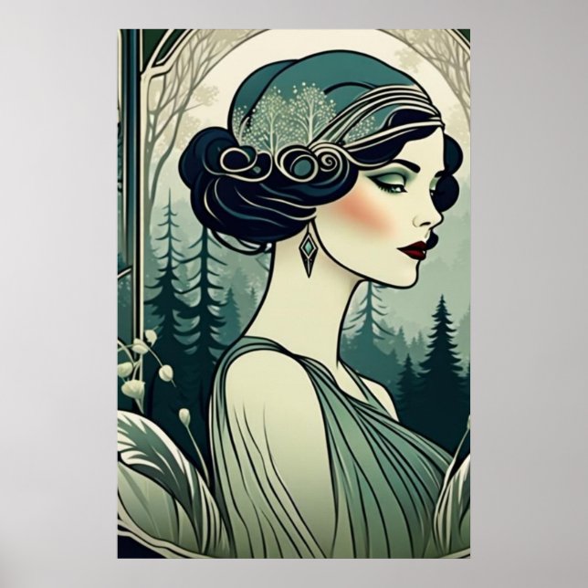 Schönes Art Deco 1920er Flapper Girl in Grün Poster (Vorne)