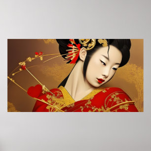 Schönes asiatisches Mädchen geisha rotes Gold Poster