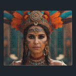 Schönes Aztekenportrait Puzzle<br><div class="desc">Eine Frau mit durchdringenden dunklen Augen starrt direkt auf den Betrachter, ihr Gesicht gerahmt von einer herrlichen Kopfhaut türkisfarbener und orangefarbener Federn. Sie ist mit einem aufwändigen Schmuck geschmückt: ein gekleidetes Bündchen mit einem zentralen türkisfarbenen Stein, große Federohrringe und Ketten aus Perlen, Federn und Metallarbeiten. Ihr Ausdruck ist seriös, ihr...</div>