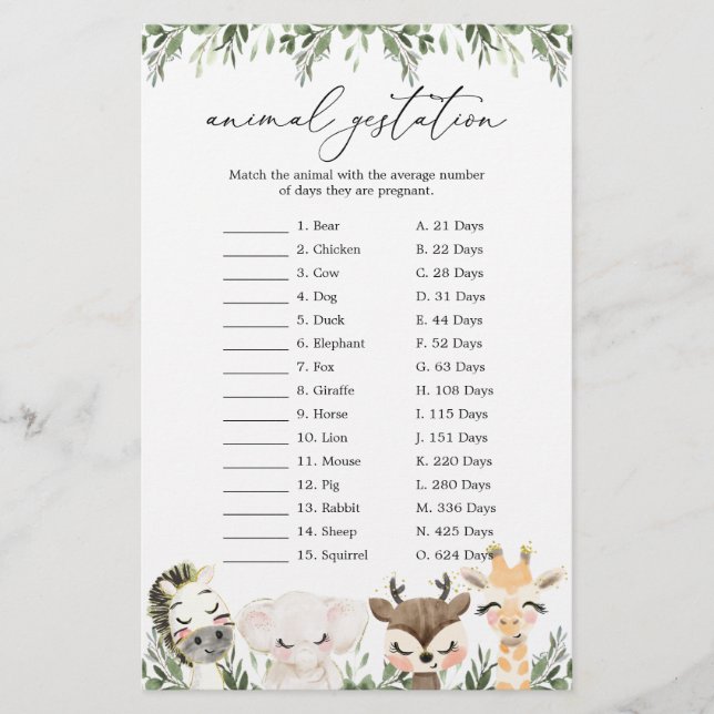 Schönes Baby Shower Animal Gestation Game (Vorderseite)