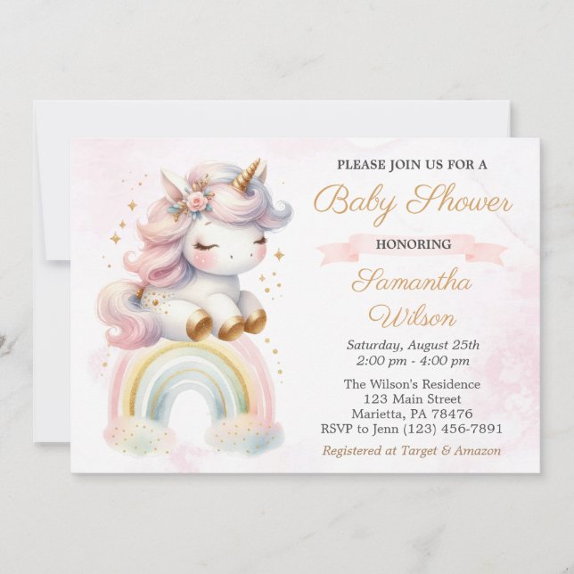 Schönes Baby Unicorn und Rainbow Baby Dusche Einladung (Vorderseite)