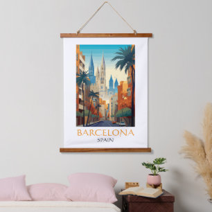 Schönes Barcelona Spanien Retro Vintage Reise Wandteppich Mit Holzrahmen