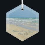 Schönes Beach House Custom Family Keepake Geschenk Ornament Aus Glas<br><div class="desc">Schönes Stranddekor mit herrlicher Küstenfotografie mit einem hübschen Sandpiper,  stehend am Ufer der Ozeanwellen an einem sonnigen Sommertag. Schöne blaue Wellen rollen auf dem Sandstrand,  wo Ihr Name in niedlicher aquamariner Typografie personalisiert ist. Ein schönes Weihnachtsgeschenk für eine Tochter,  Mutter,  Großmutter oder Enkelin.</div>