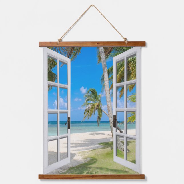 Schönes Beach Theme Window View Tapestry Wandteppich Mit Holzrahmen (Vorderseite)