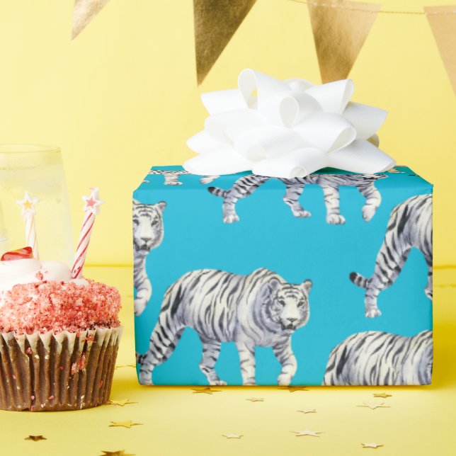 Schönes Bengalisches White Tiger Blue Muster Geschenkpapier (Geburtstagsparty)