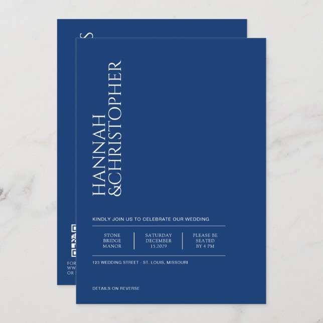 Schönes Blau mit Details & QR Code Hochzeit Einladung (Vorne/Hinten)