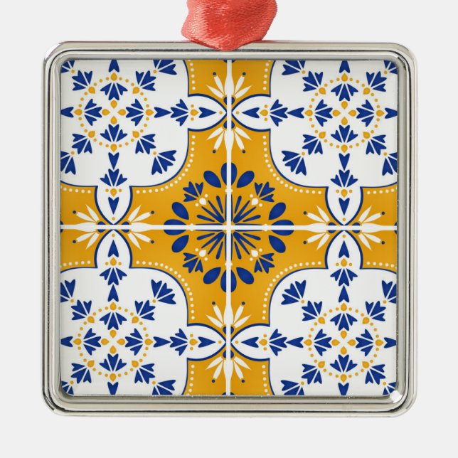 Schönes Blau und gelb Portugiesisch Azulejo Ornament Aus Metall (Vorne)