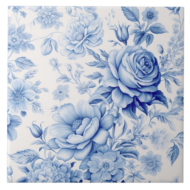 Schönes Blau & Weiße Rosen & Wildblumen Fliese (Vorderseite)