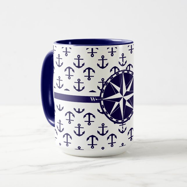 Schönes blaues Anchor-Muster Nautical Theme Tasse (Vorderseite Links)