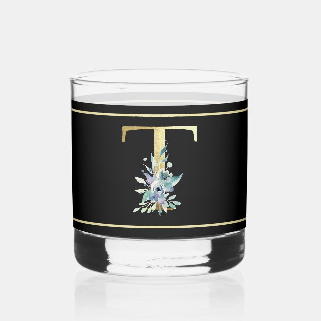 Schönes blaues, florentfarbenes Goldmonogramm T Whiskyglas (Vorderseite)