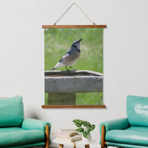 Schönes blaues Jay trinken Hängeband Wandteppich Mit Holzrahmen