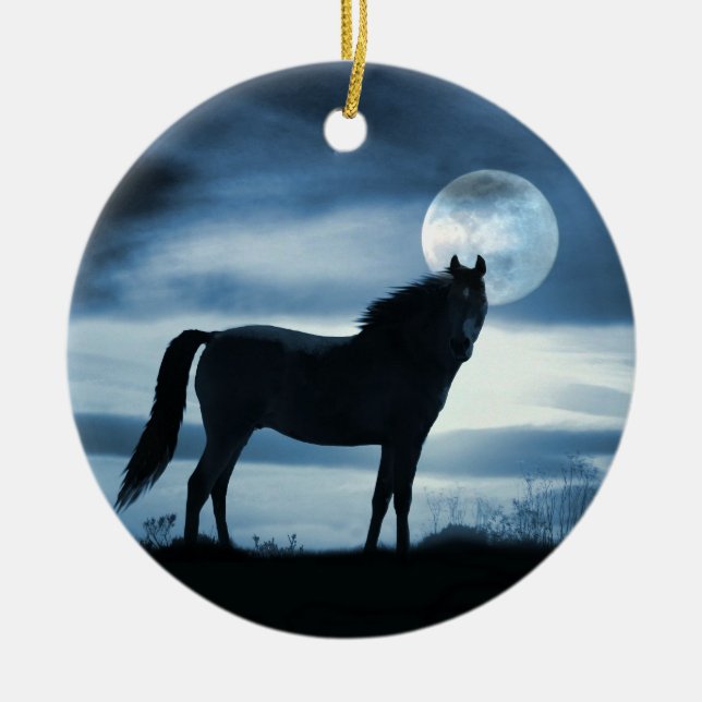 Schönes Blaues Pferd und Mond Keramik Ornament (Vorne)