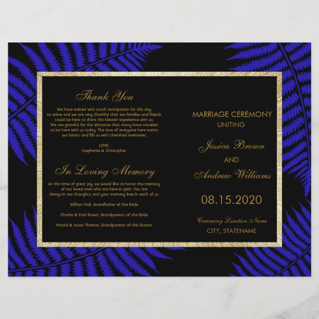 Schönes Blue Leaf Bracken Wedding Programm (Vorderseite)