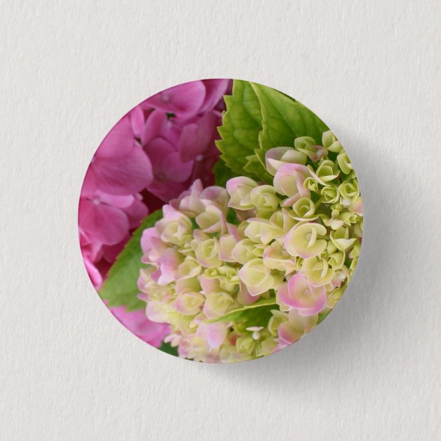Schönes blühendes Rosa und weiße Hydrangeas Button (Vorderseite)