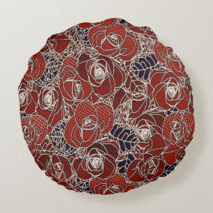 Schönes Blumendesign in Rot, Elfenbein und Blau Rundes Kissen