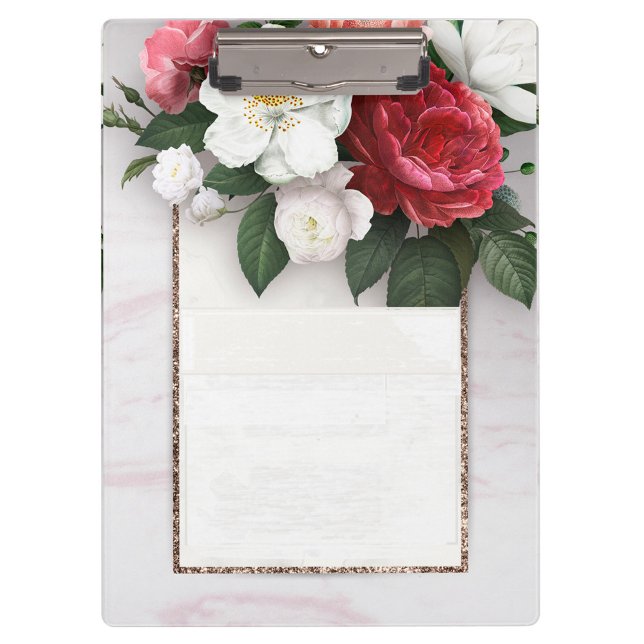 Schönes Blumendesign Klemmbrett (A clipboard with a floral design, featuring a mix of red, pink, and white roses with green leaves.)
