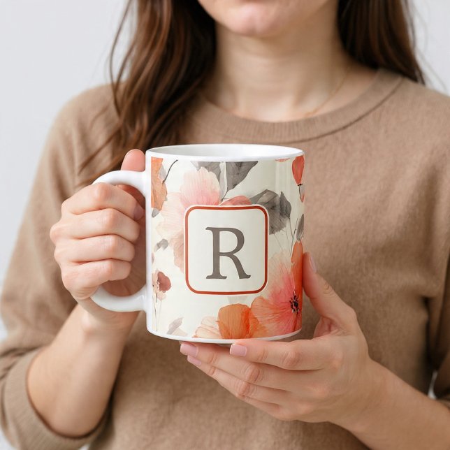 Schönes Blumenmonogramm-Vorlage Personalisiert Jumbo-Tasse (Pretty Flower Monogram Template Personalized BIG Coffee Mug 20oz mug from Ricaso. Monogrammed 
)