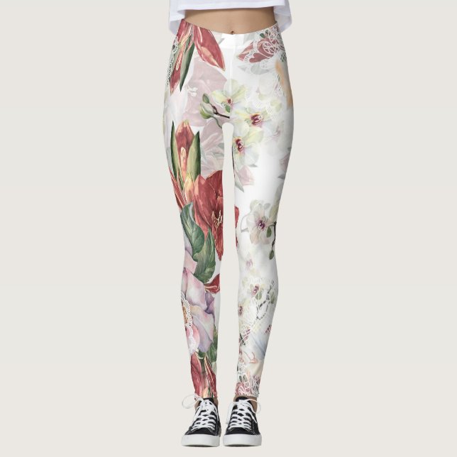 Schönes Blumenmuster Burgund und Spitze niedlich Leggings (Vorderseite)