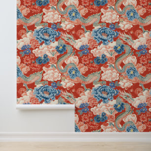 Schönes Blumenroter japanischer Drache Elegant Tapete