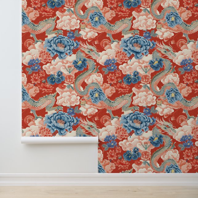 Schönes Blumenroter japanischer Drache Elegant Tapete (Anwendung)