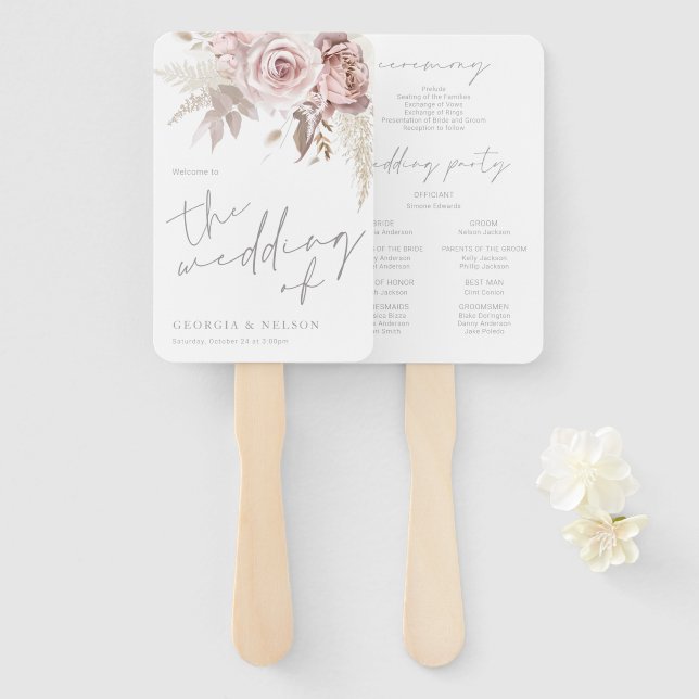 Schönes Blush Floral Hochzeitsprogramm Fächer (Vorne und Hinten)