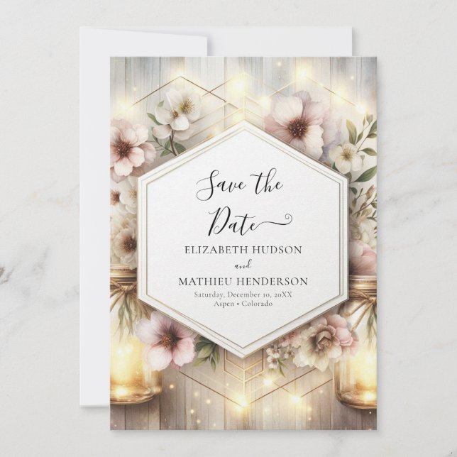 Schönes botanisches Mason Jar Wedding Save The Date (Vorderseite)