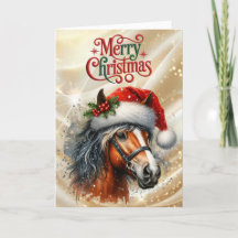 Schönes Braunes Pferd in Weihnachtsmannmütze
