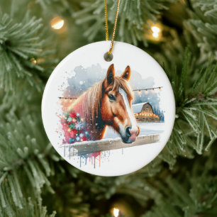 Schönes Brown Horse auf Bauernhof Weihnachten Keramik Ornament